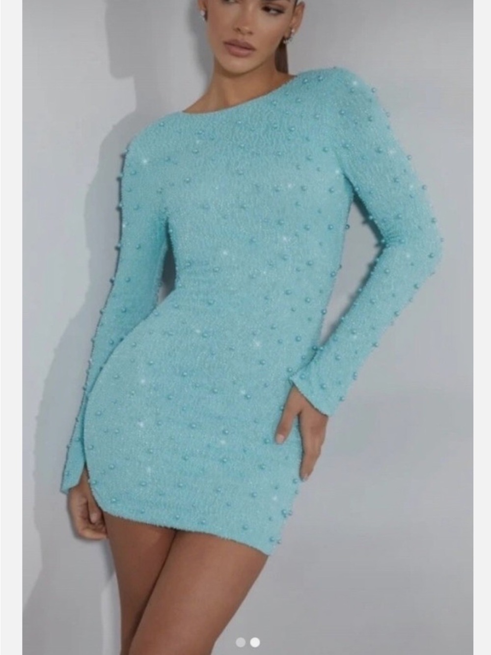 Oh Polly Aqua Pearl-Embellished Long Sleeve Bodycon Dress
